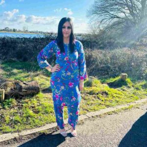 Blue Flower Print 2 Piece Suit