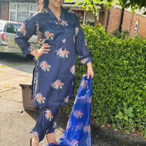Blue Flowered Suit - Net Dupatta