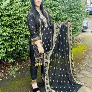 Maria B Inspired Gold Print Black Suit