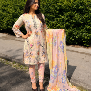 Maria B Inspired Peach Salwar Kameez with Intricate Lace Details And Floral Patterns