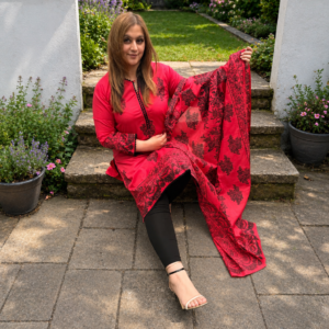 Women’s Casual Red Dress with Black Floral Embroidery and Matching Dupatta for Everyday Womenswear
