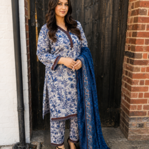 Floral Blue Salwar Kameez Lawn Dupatta with Elegant Leaf Pattern and Brown Trim