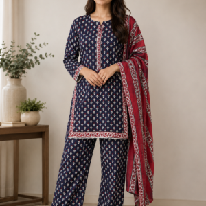 Deep Blue Salwar Kameez Lawn Dupatta - Elegant Traditional Pakistani Outfit With Red Dupatta