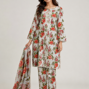 Maria B Inspired Sky Blue Salwar Kameez With Chiffon Dupatta - Floral Print & Lace Detailing