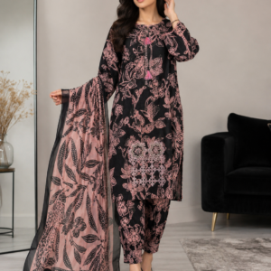 Black Elegant Floral Salwar Kameez With PINK Tassel Details for Womenswear - Casual Style with Intricate Floral Design