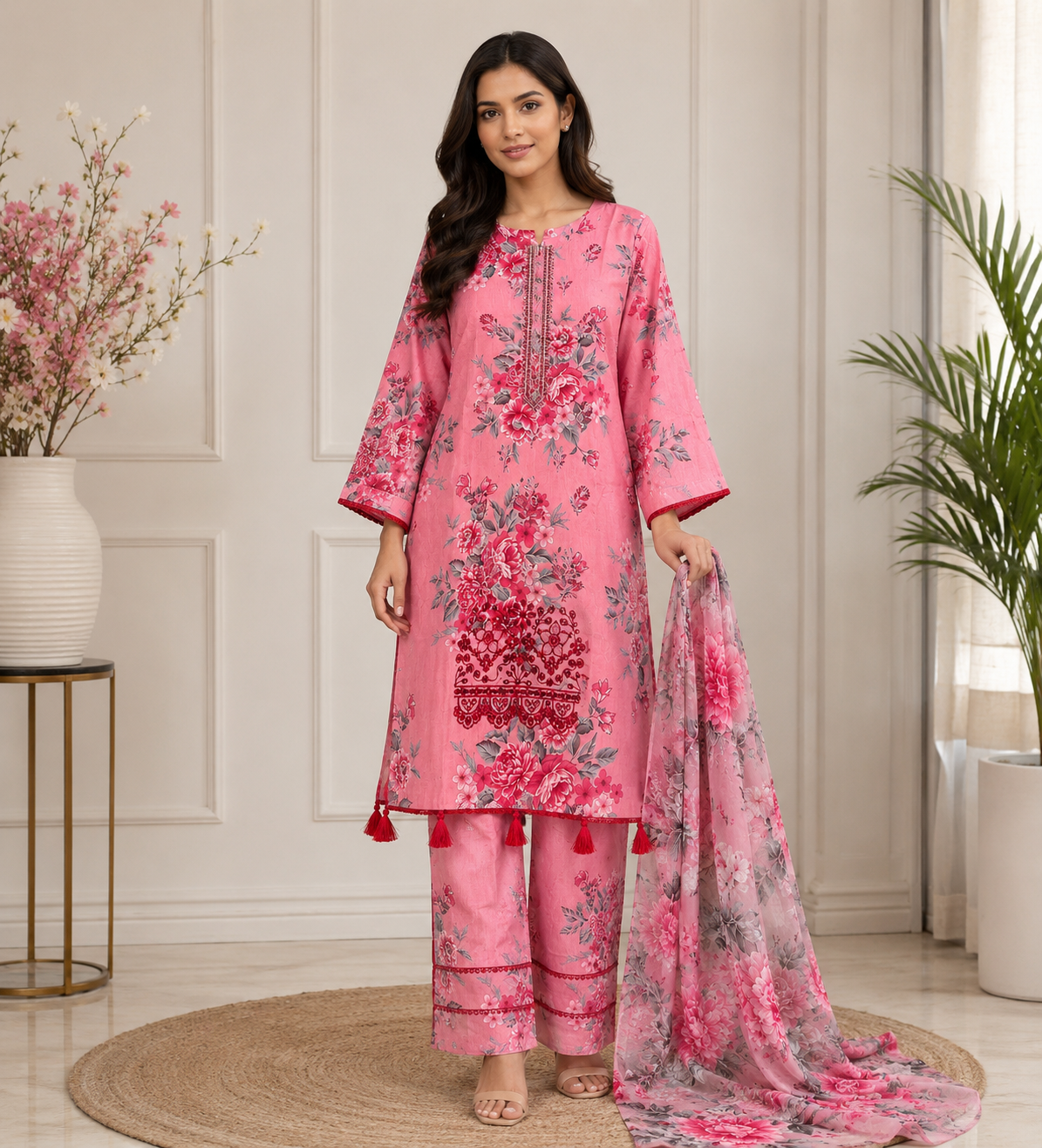 Floral Pink Dress with Tassels and Paisley Detailing Comfortable and Stylish for Daily Wear British Style Womenswear Asian Fashion