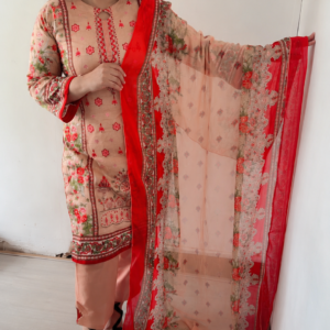 Elegant Peach Embroidered Kameez Set with Red Border and Matching Dupatta for Women
