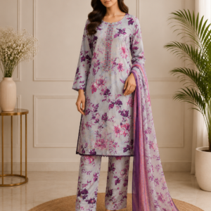 Elegant Floral Print Kameez & Palazzo Set in Soft Grey with Purple Accents for Women