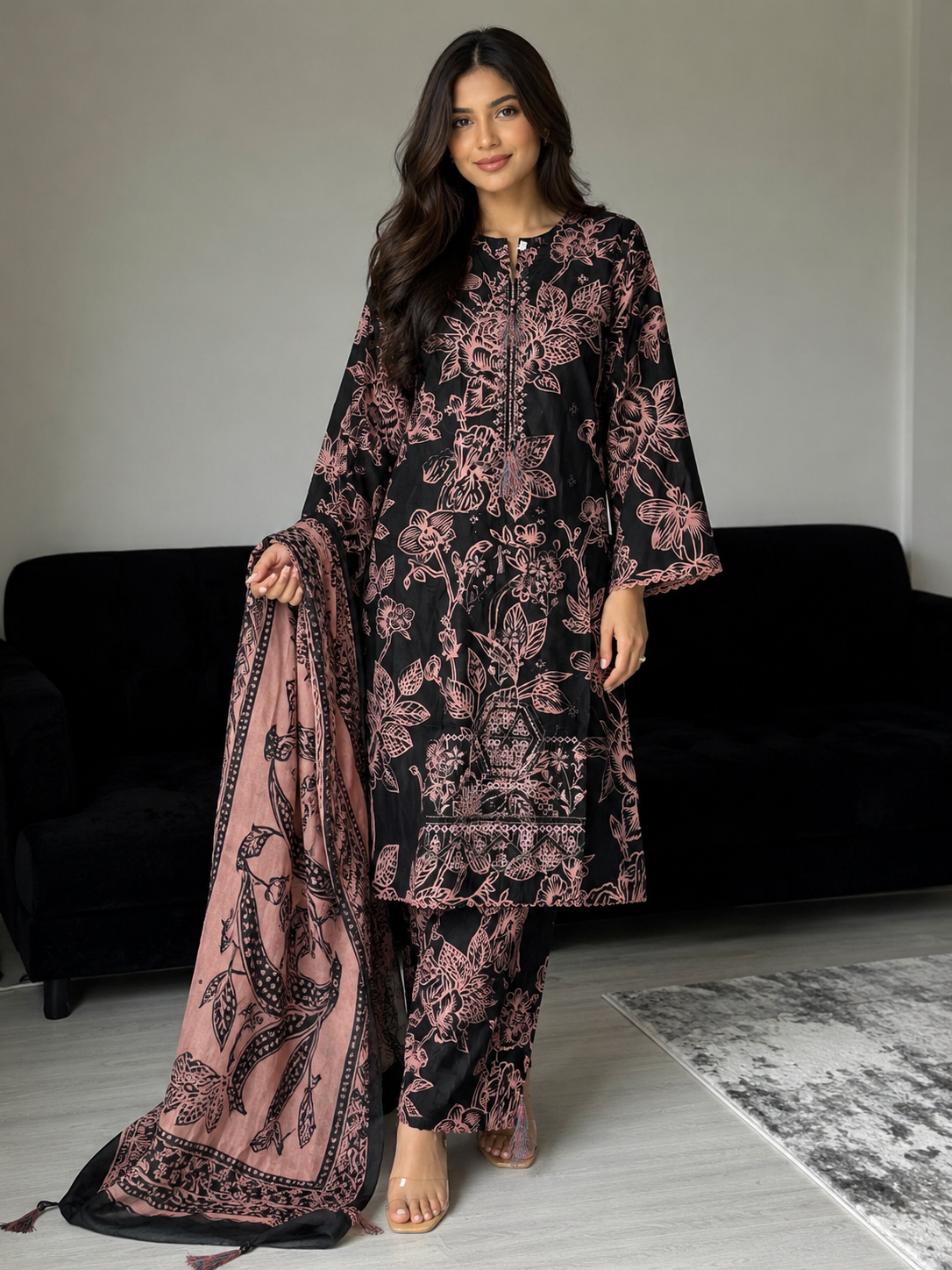 Elegant Floral Black Salwar Kameez for Womenswear - Casual Style with Intricate Floral Design