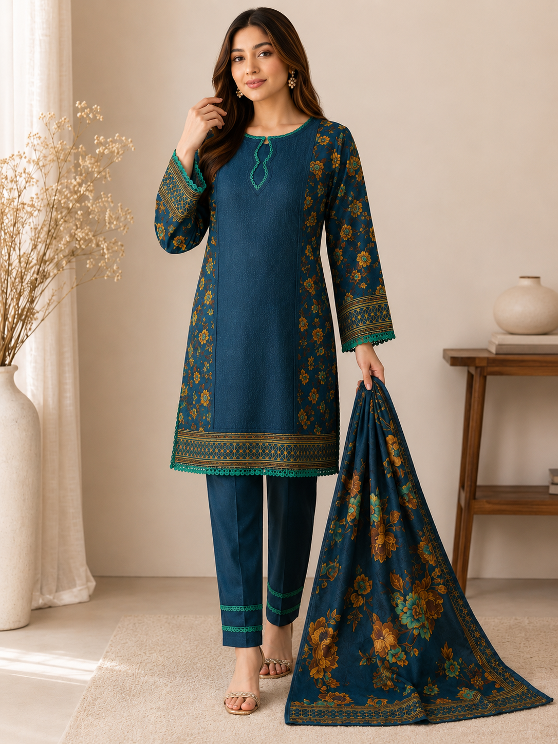 Teal Garden 3-Piece Lawn Suit