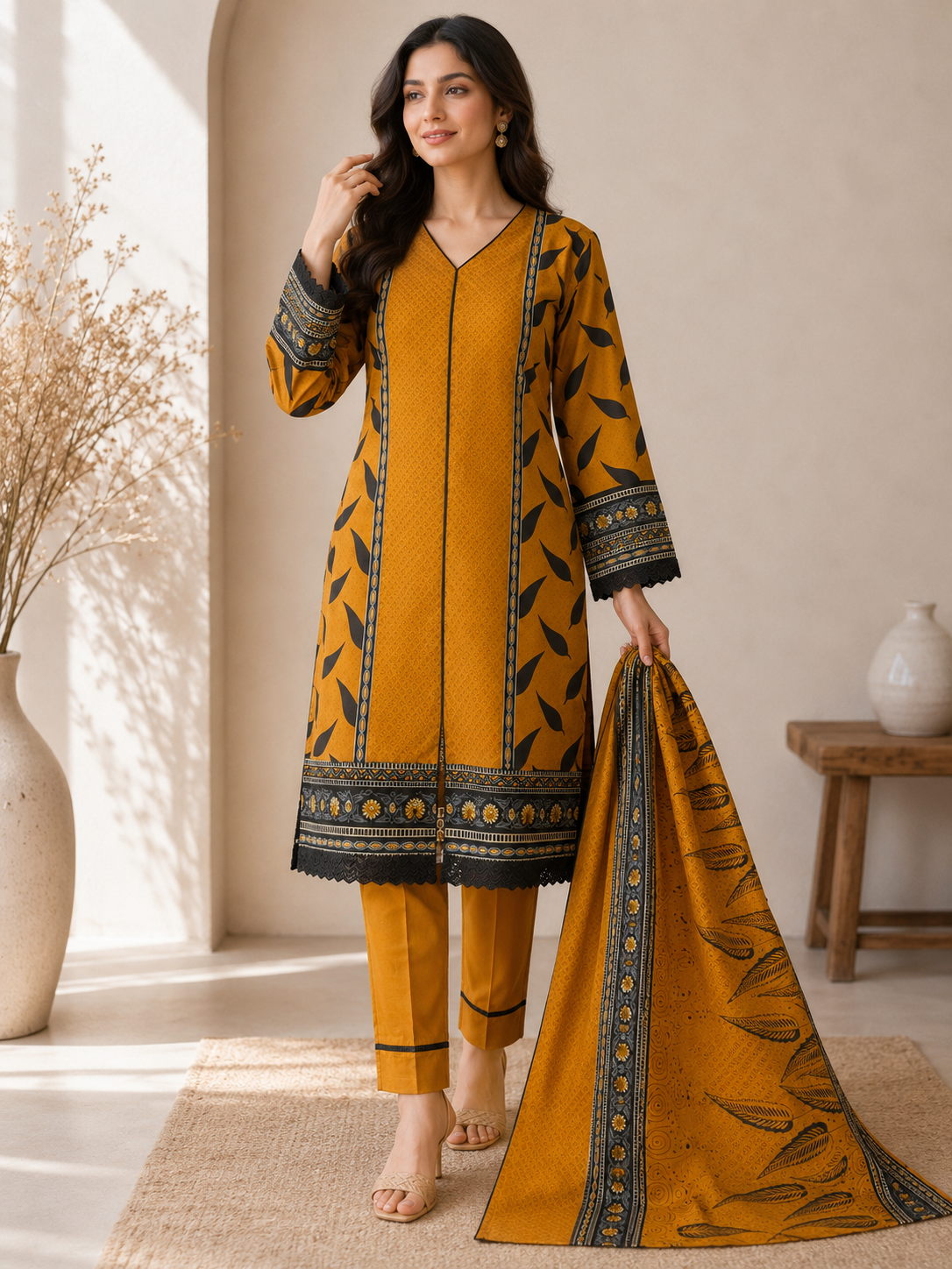 Mustard Bloom 3-Piece Lawn Suit
